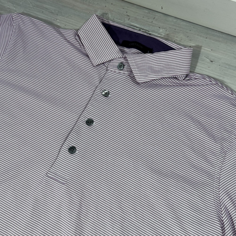 Greyson Polo Shirt Mens Large Purple Stripe Performance Stretch Wolf Golf